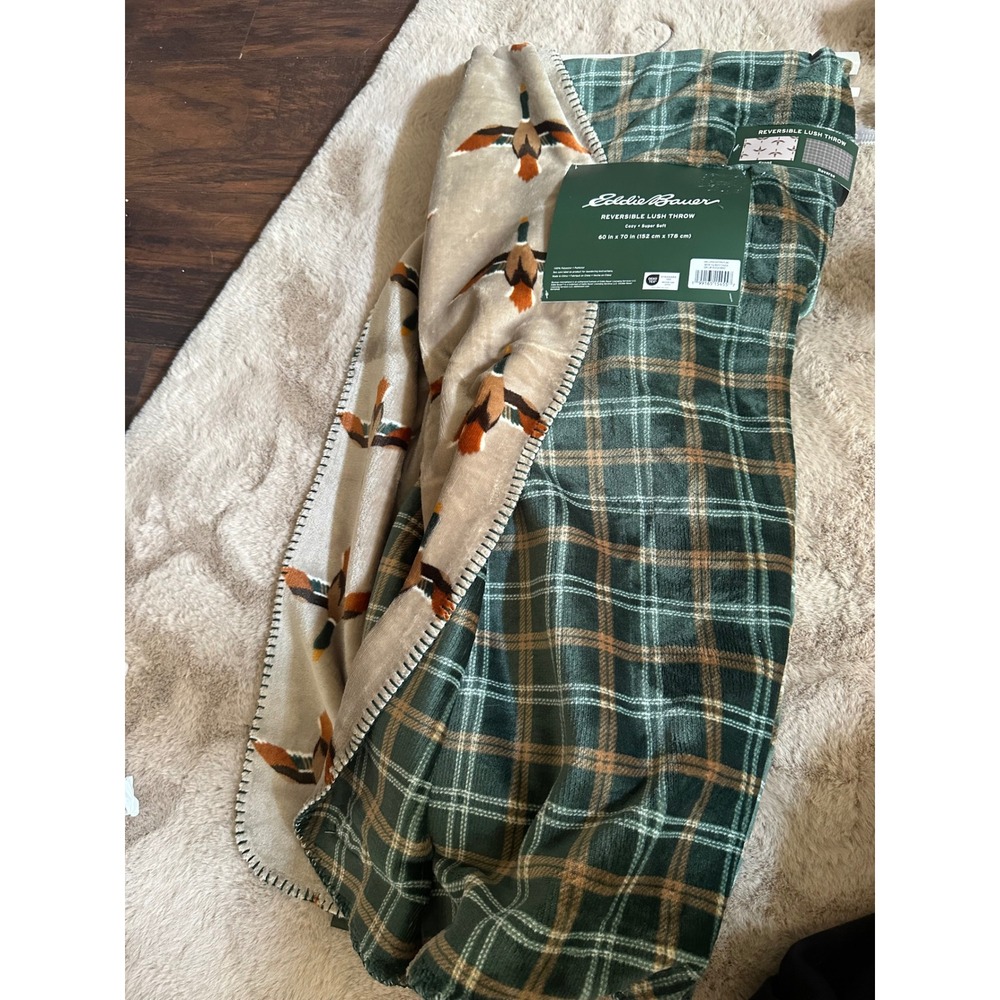 Eddie Bauer Reversible Lush Throw Blanket Mallard Duck Plaid Green Tan 60x70